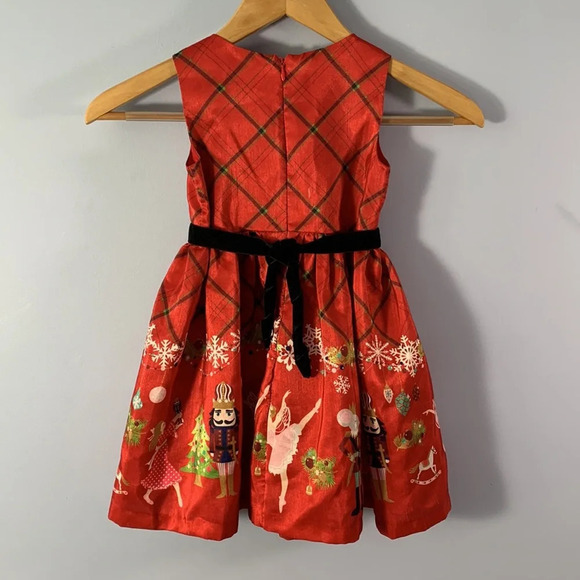 Bonnie Jean size 3t red sleeveless nutcracker dress taffeta black velvet bow - Picture 2 of 10